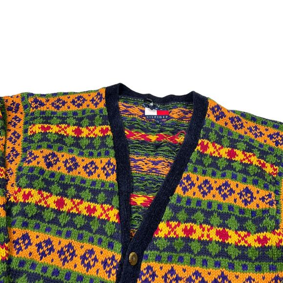 Tommy Hilfiger Colorful Geometric V-Neck Grandpa Cardigan Sweater FLAW Large - Picture 2 of 5